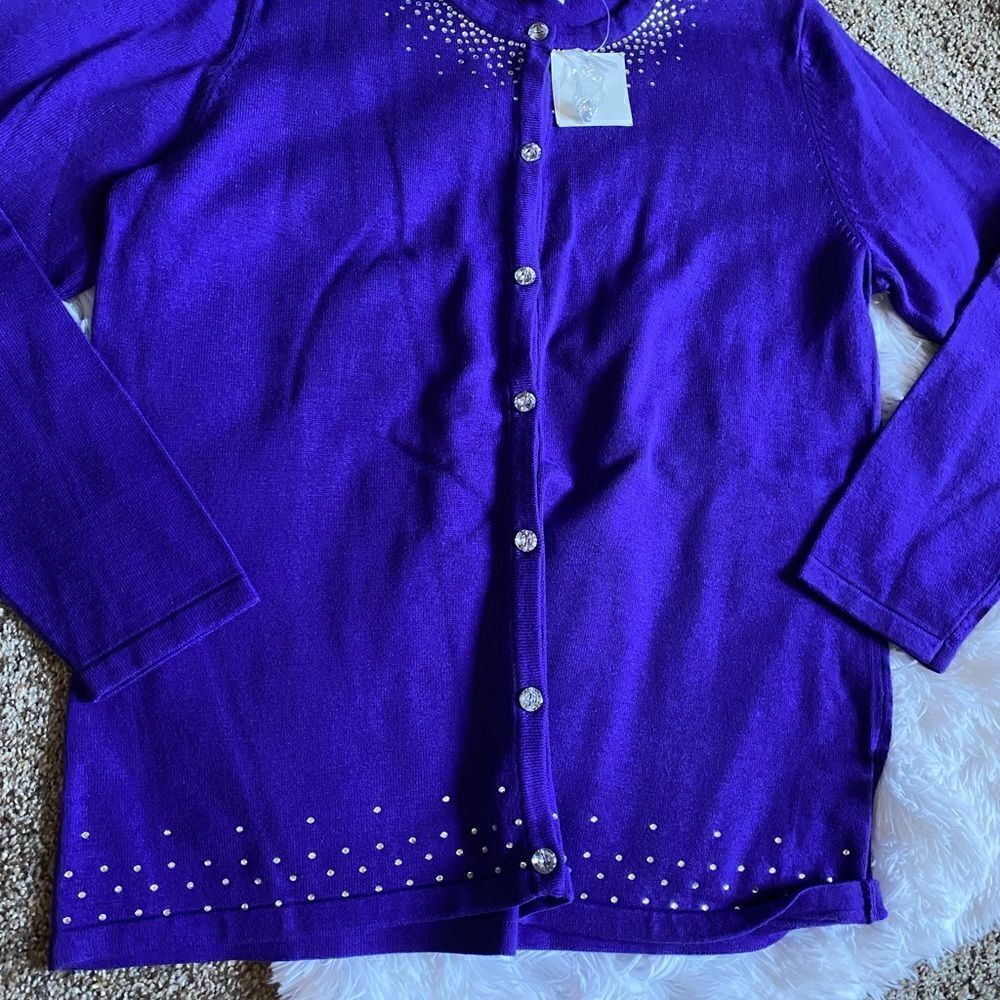 Quacker Factory Purple Rhinestone Button Front Sweater NEW Size Small - Picture 2 of 8